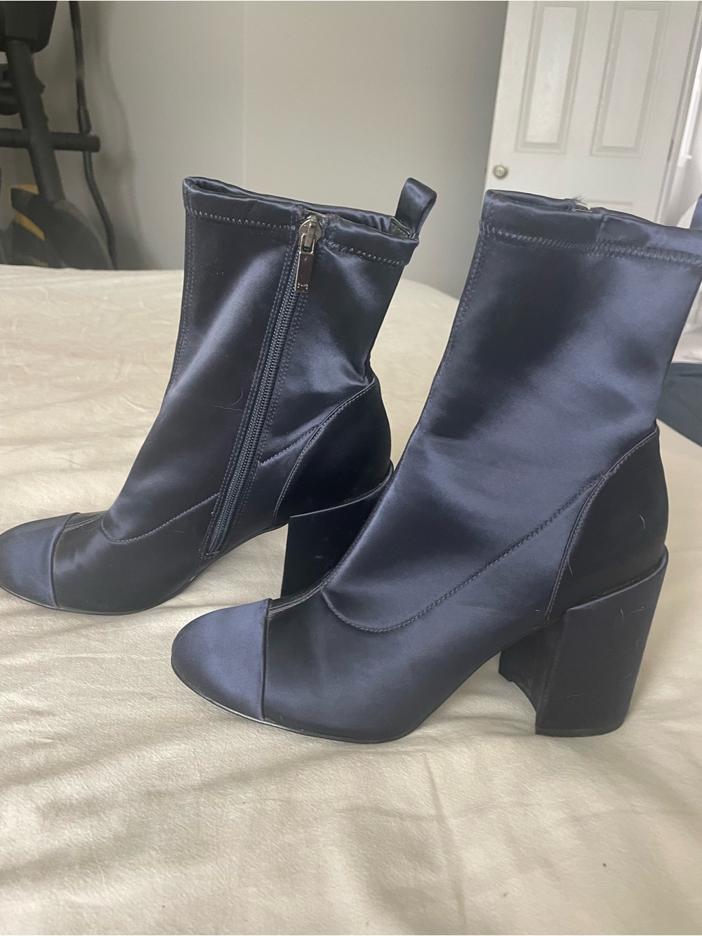 Marc Fisher Black Satin Mid-Calf Block Heel Booties